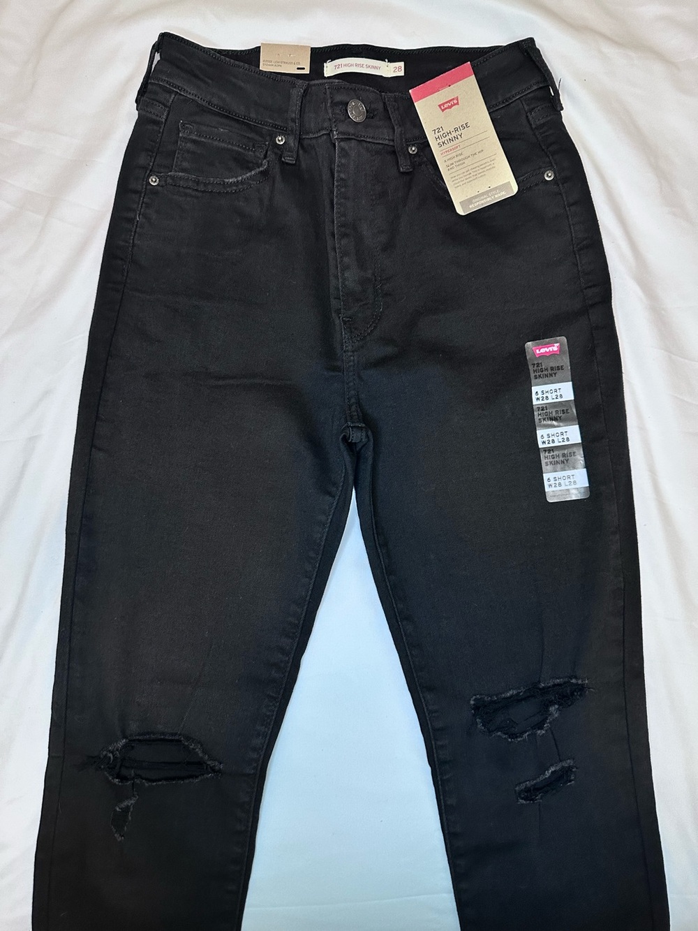 Levi’s 721 High Rise Skinny Jeans Black Distressed Hypersoft Stretch 28 Short